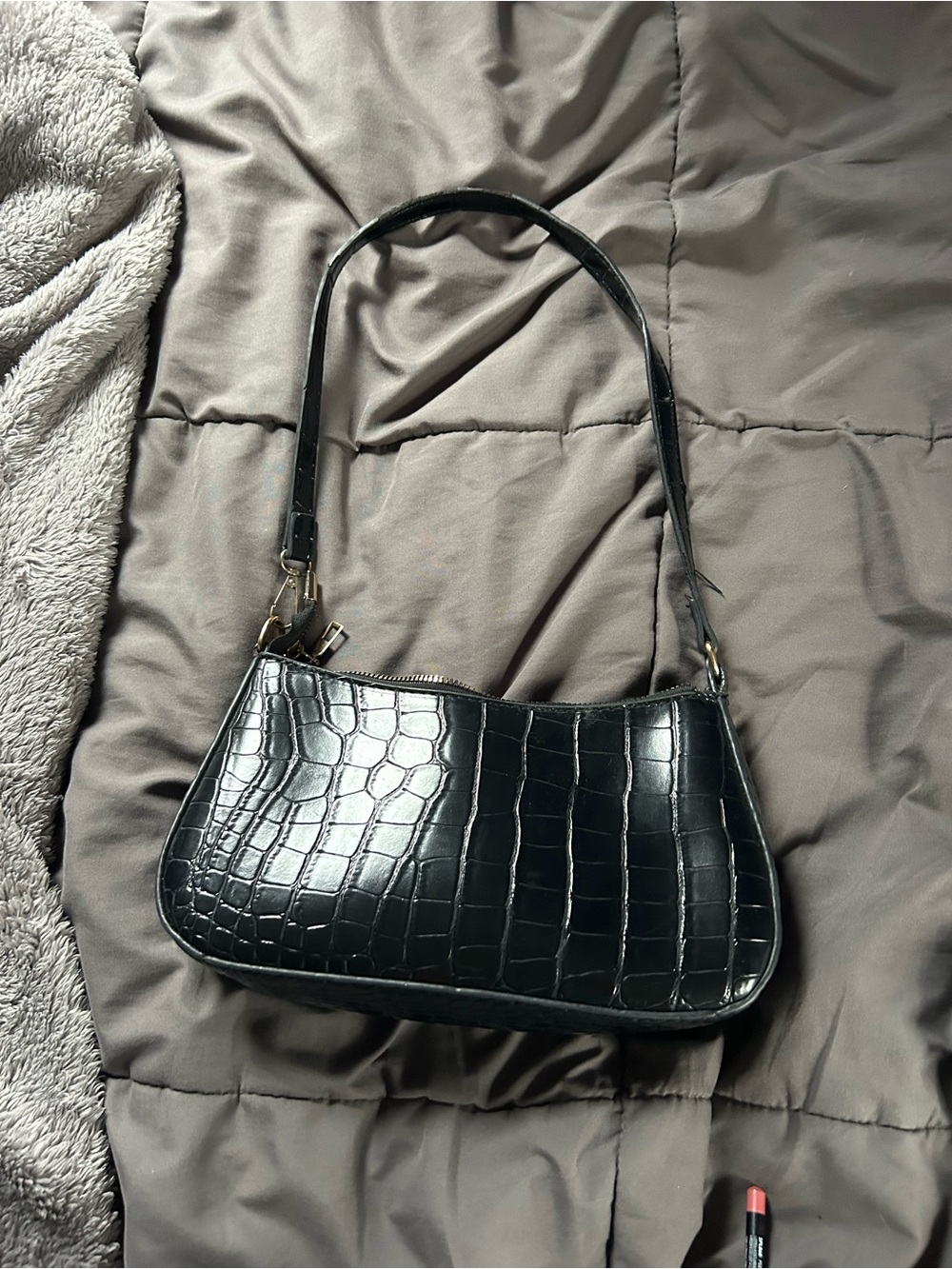 Amazon Black Croc-Embossed Shoulder Bag